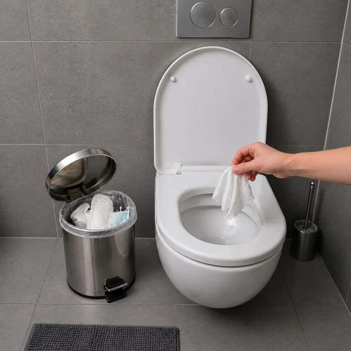 Person hält ein Feuchttuch über eine Toilette, daneben steht ein Abfalleimer mit gebrauchten Tüchern.